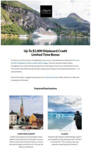 A luxury cruise ship sails in a scenic fjord; below, images highlight Northern Europe and Alaska as featured cruise destinations offering shipboard credit through exclusive American Express Travel promotions.