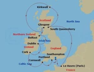 A map showing a British Isles cruise route aboard the Majestic Princess, with stops in England, Scotland, Ireland, France, and Northern Ireland. The path is marked by arrows—an unforgettable journey arranged by Fox Travel.