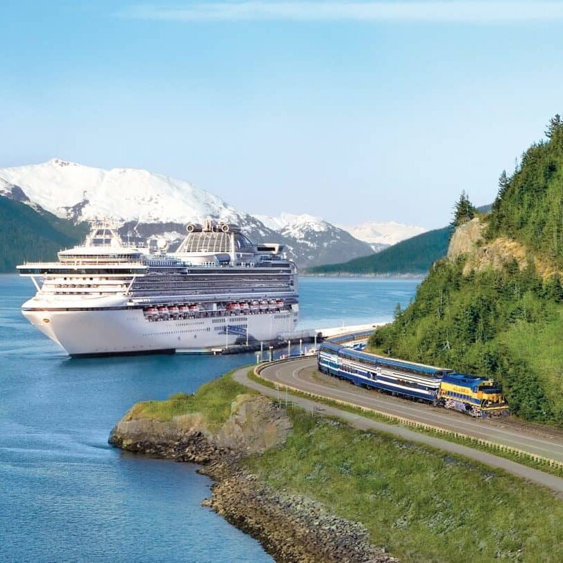A cruise ship and train voyage along a scenic river in Alaska.
